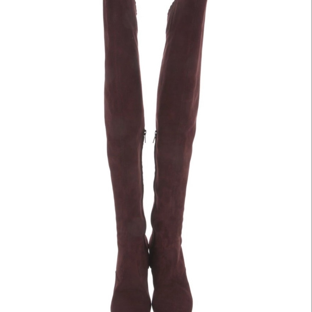 Saint Laurent Over-the-Knee Block Heel Boots in Burgundy Suede - Picture 3 of 6